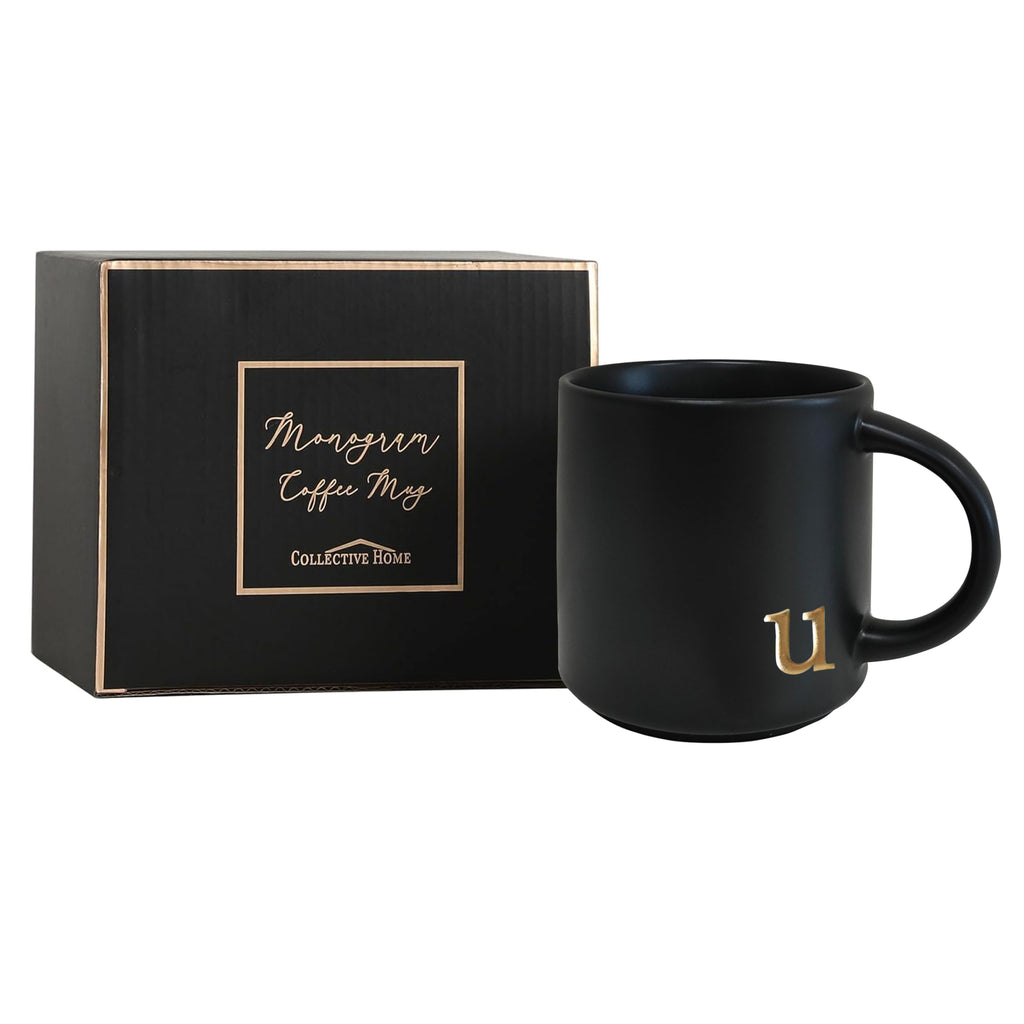 COLLECTIVE HOME - Black Monogram Ceramic Mugs, 15 oz Golden Initial Coffee Cups, Elegant Alphabet Tea Mugs, Personalized Halloween Mug with Gift Box, Perfect for Office and Home Décor (a)