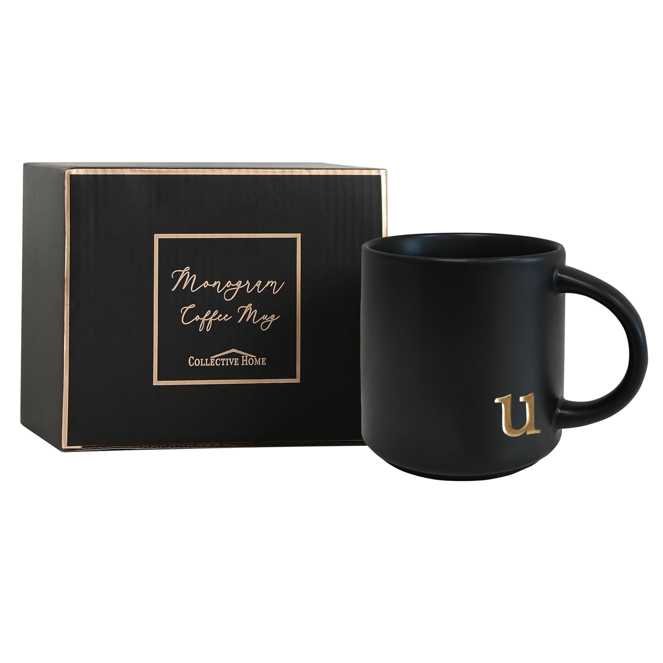 COLLECTIVE HOME - Black Monogram Ceramic Mugs, 15 oz Golden Initial Coffee Cups, Elegant Alphabet Tea Mugs, Personalized Halloween Mug with Gift Box, Perfect for Office and Home Décor (a)