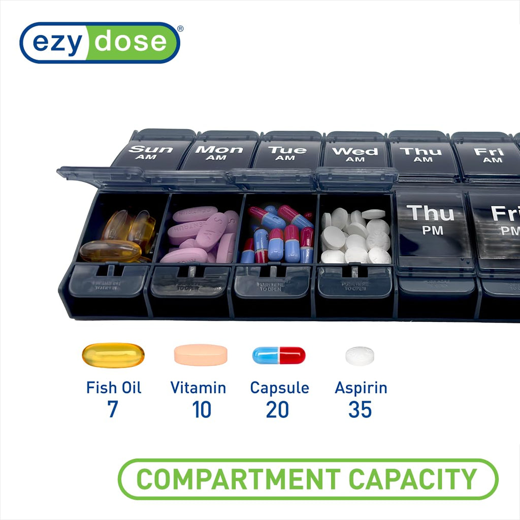 EZY DOSE Push Button (7-Day) Pill Case, Medicine Planner, Vitamin Organizer, 2 Times a Day, AM/PM Container, X-Large Compartments, Arthritis Friendly, Easy to Use, Transparent Lids, Black, BPA Free