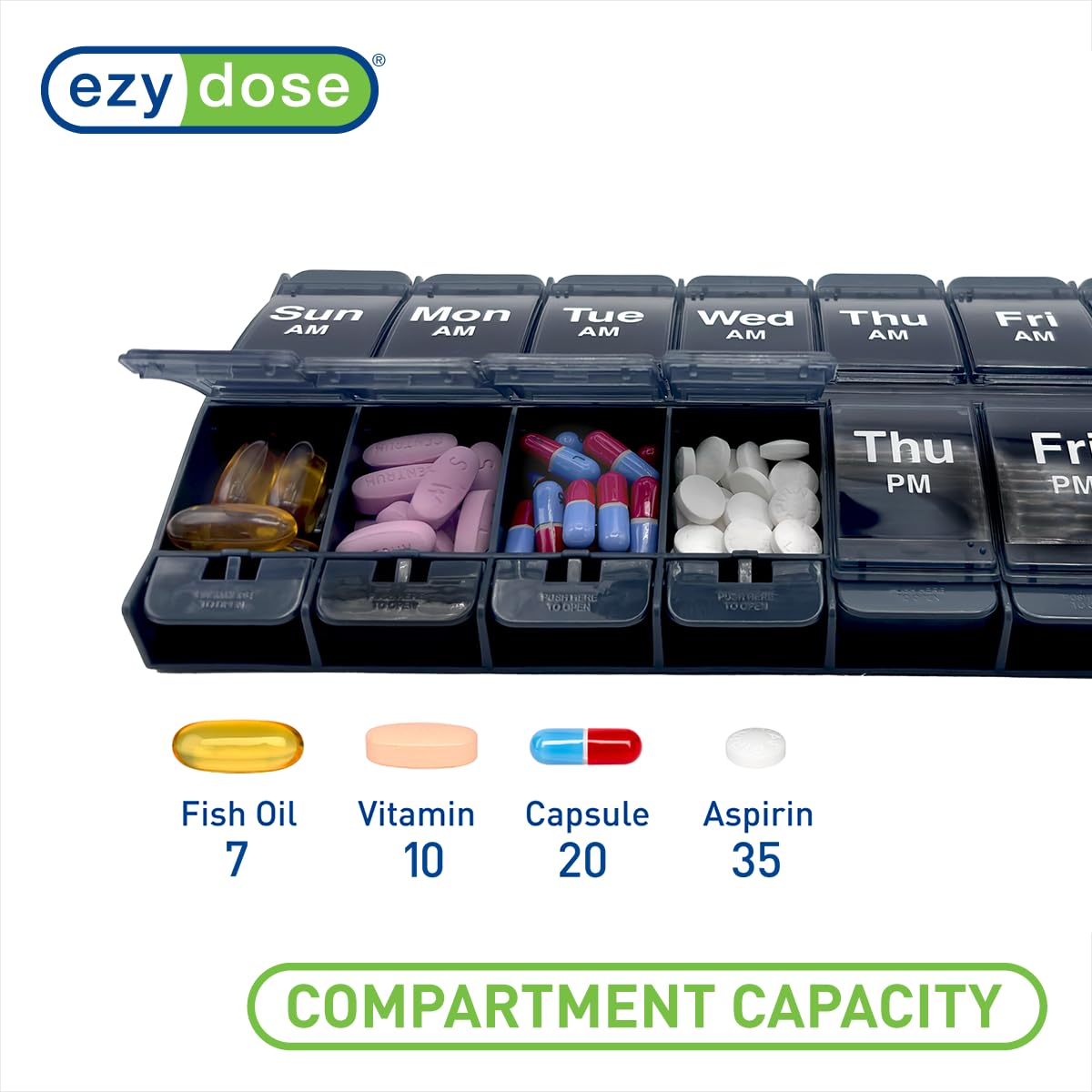 EZY DOSE Push Button (7-Day) Pill Case, Medicine Planner, Vitamin Organizer, 2 Times a Day, AM/PM Container, X-Large Compartments, Arthritis Friendly, Easy to Use, Transparent Lids, Black, BPA Free