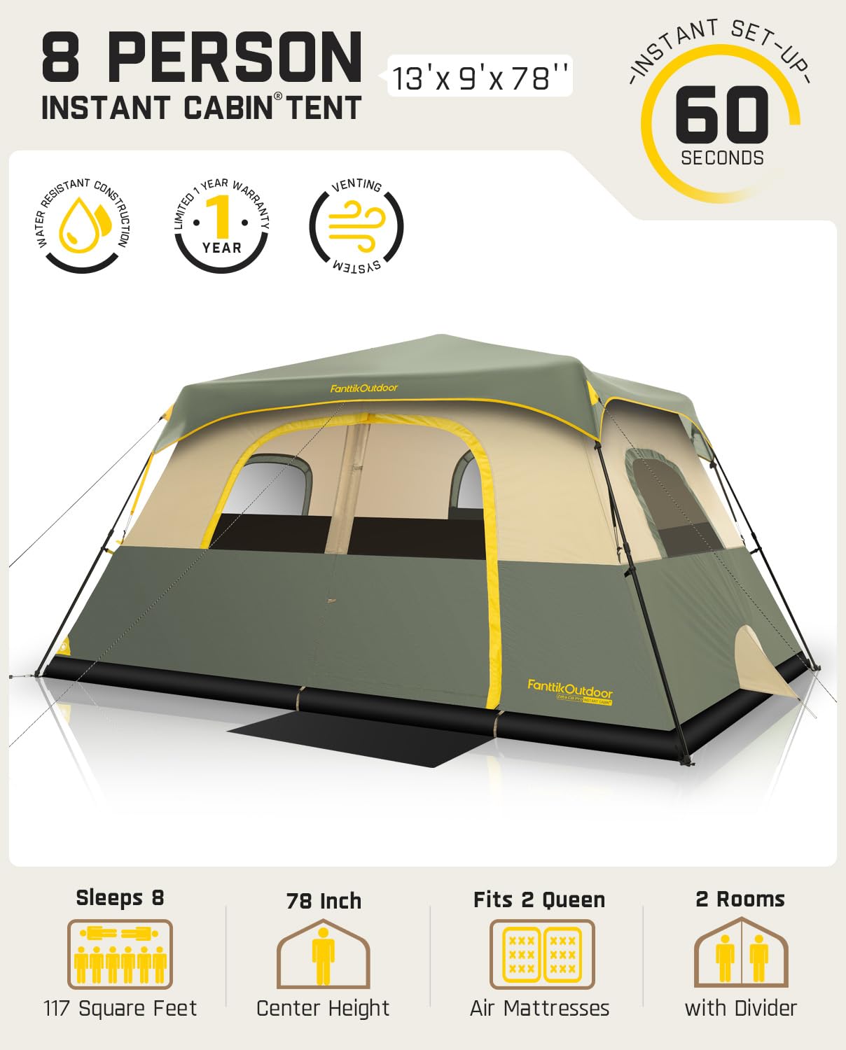 FanttikOutdoor Camping Tent 4/6/8/10 Person Instant Cabin Tent Setup in 60 Seconds with Rainfly & Windproof Portable with Carry Bag for Family Camping & Hiking, Upgraded Ventilation, Navy Blue
