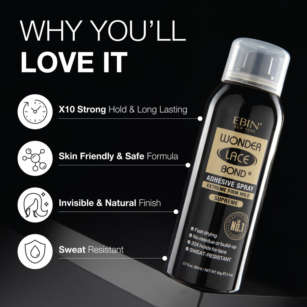 EBIN NEW YORK Wonder Lace Bond Adhesive Spray - Extreme Firm Hold 2.7oz/ 80ml| Active Use, Fast Drying, No Residue, No Build-up, All-day Powerful Hold, Easy Daily Wig Install