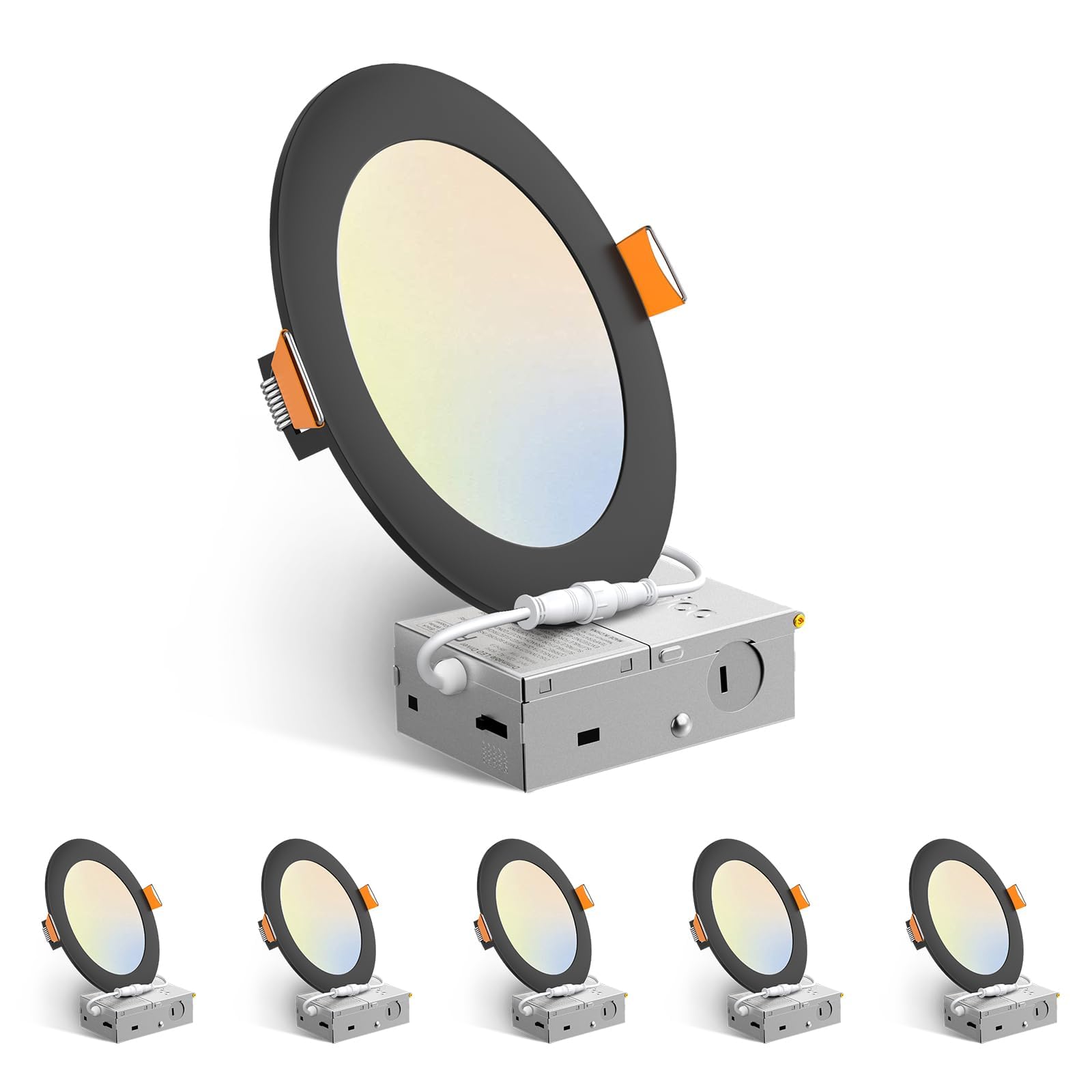 Amico 6 Pack 3 Inch 5CCT Ultra-Thin LED Recessed Ceiling Light with Junction Box, 2700K/3000K/3500K/4000K/5000K Selectable, 7W Eqv 60W 500LM Brightness Dimmable Canless Wafer Downlight, ETL