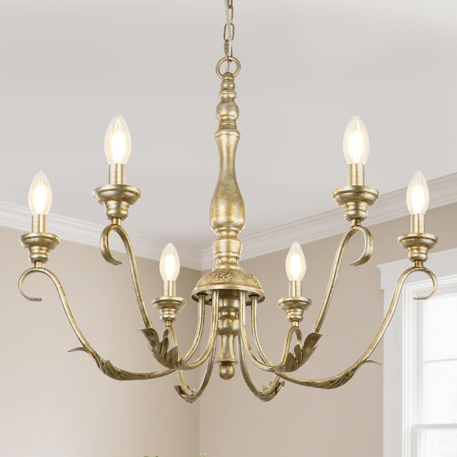 6-Light Farmhouse Chandeliers for Dining Room, 23.62'' Vintage Brass Gold Chandelier, Adjustable Rustic Metal Hanging Pendant Light Fixture for Kitchen Island Entryway Foyer Bedroom Hallway
