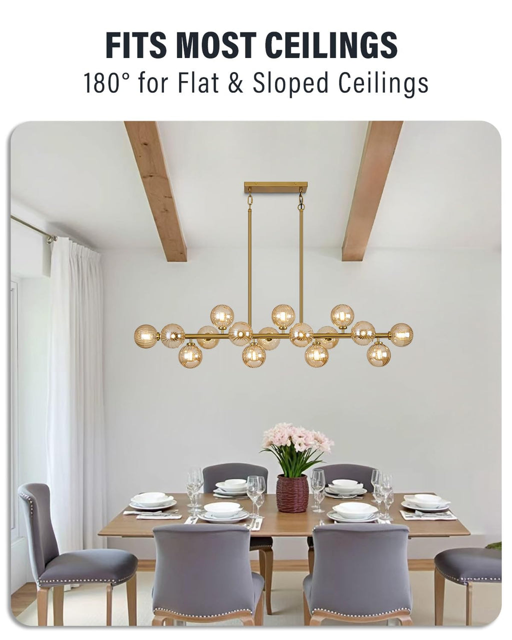 Modern Linear Chandeliers for Dining Room, 8-Light Globe Sputnik Pendant Ceiling Light, Black Dining Room Light Fixture Over Table, Mid Century Glass Milk White Bubble, 31.5 Inch, GC-09