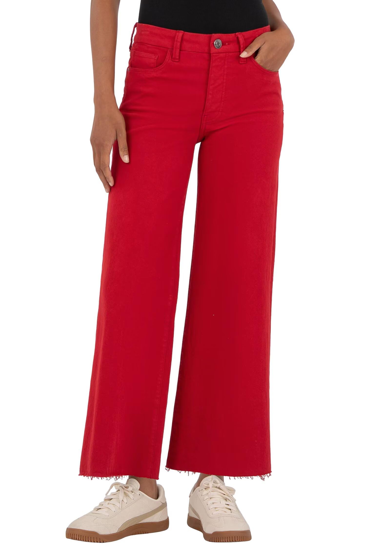 Allimy Women's High Waisted Straight Ankle Wide Leg Ripped Jeans Frayed Hem Stretchy Capri Denim Pants