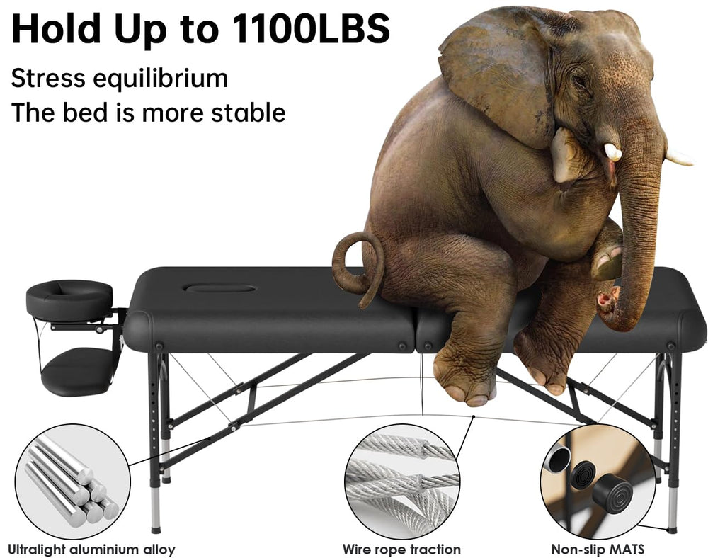 CLORIS 84" Professional Massage Table Portable Reinforced Wooden Leg 2 Folding Lightweight Spa Salon Tattoo Massage Bed Height Adjustable Hold Up to 1100LBS with Carrying Bag Black