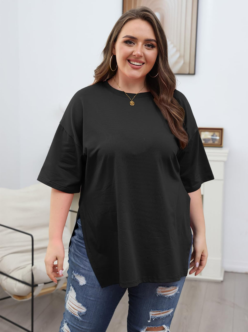 VNIRA Plus Size T Shirt for Women Oversized Cotton Short Sleeve Workout Top Loose Fit Side Split Casual Basic Tunic Top