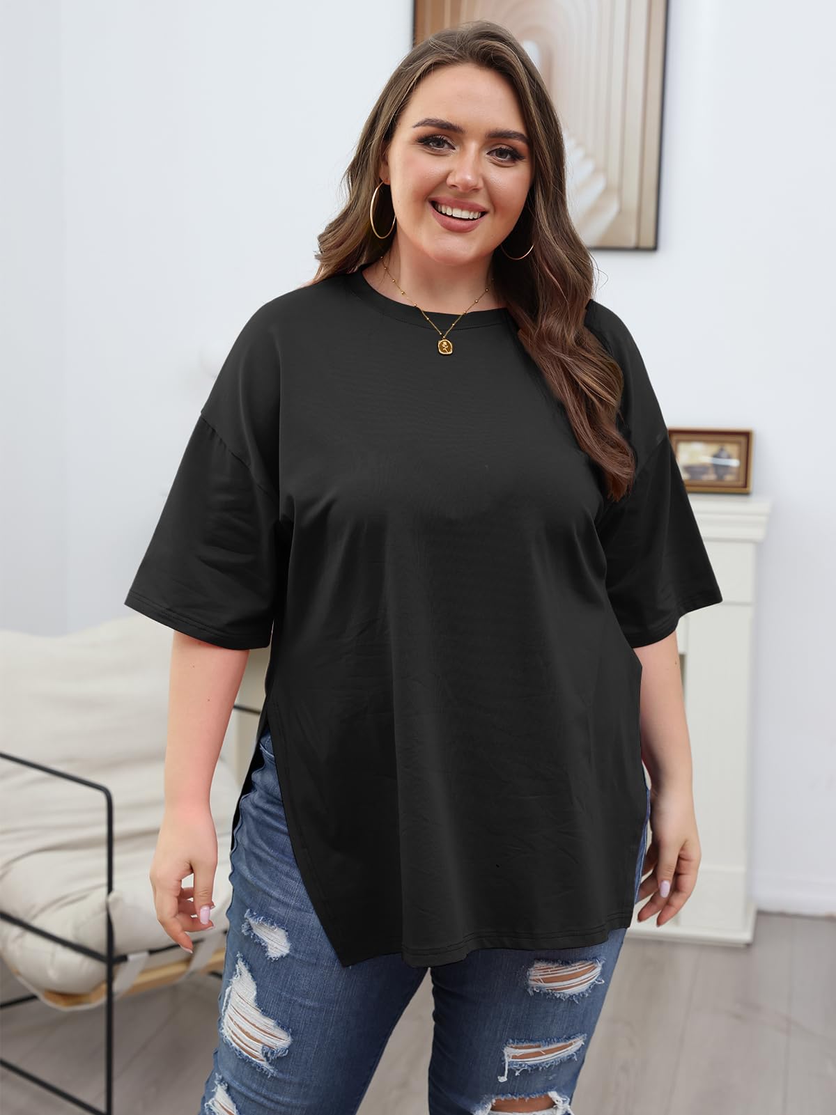 VNIRA Plus Size T Shirt for Women Oversized Cotton Short Sleeve Workout Top Loose Fit Side Split Casual Basic Tunic Top
