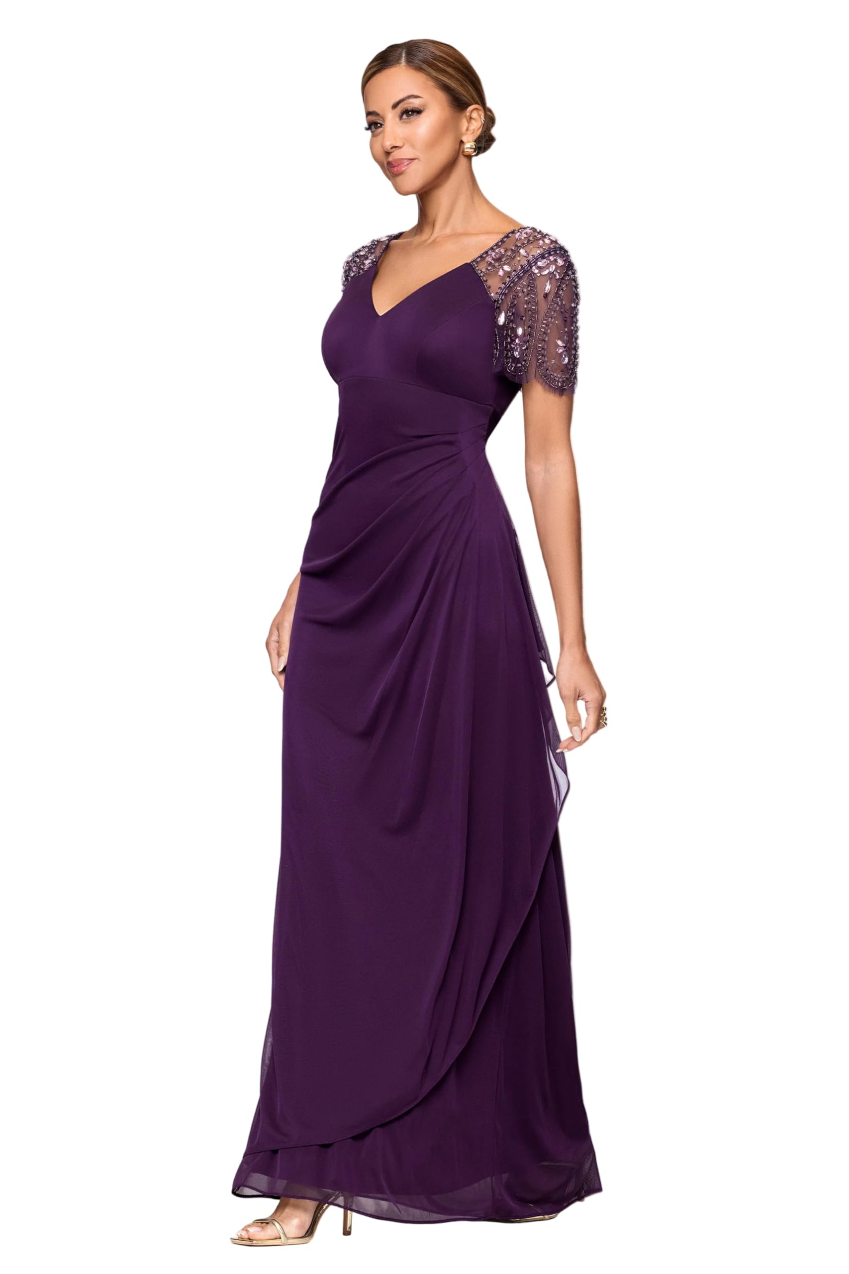 Xscape Floor Length Jersey Knit Evening Gown with V-Neckline, Beaded Flutter Sleeves and Ruched Draping