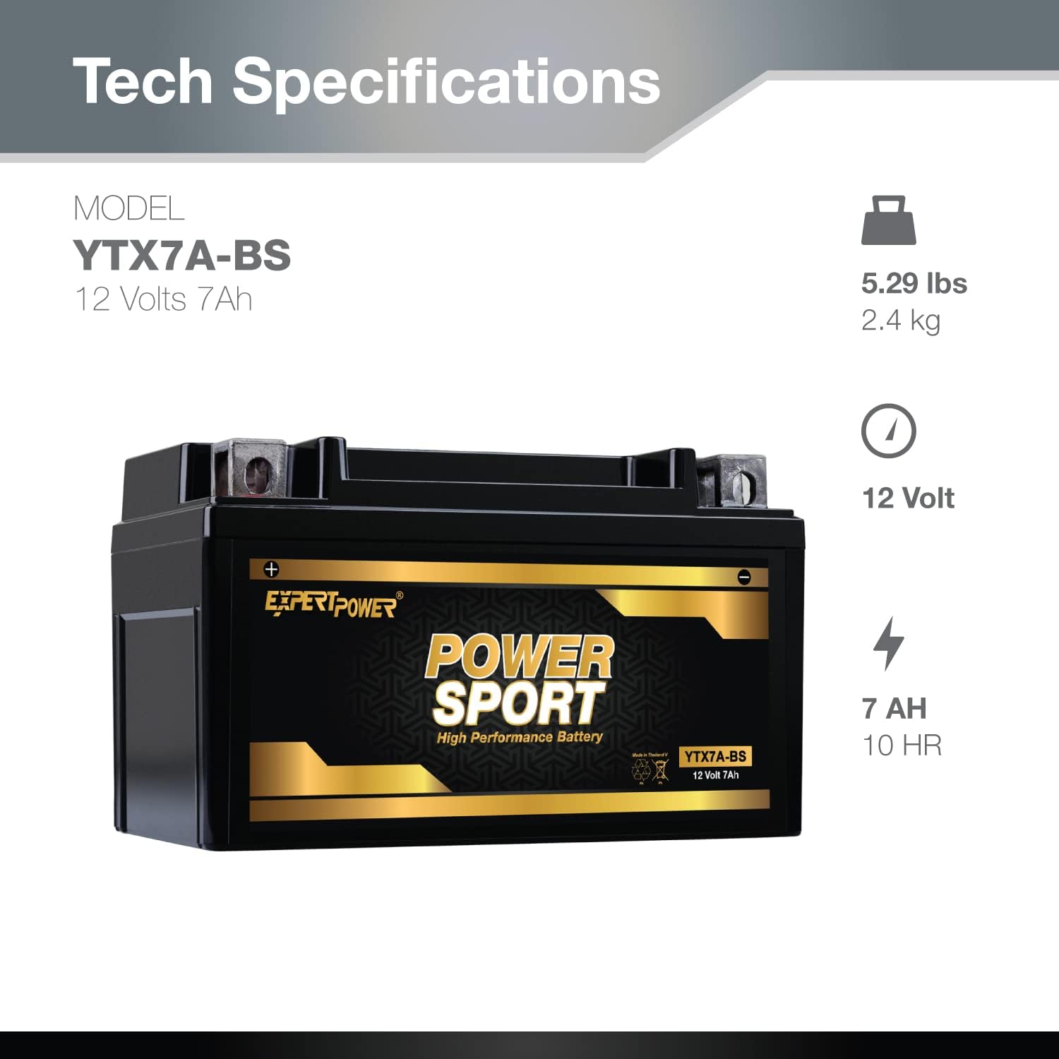 ExpertPower YTX7A-BS - 12V 7Ah AGM Motorcycle Battery, for ATV, 4 Wheeler, 180 CCA Powersports Batteries, SLA Dirt Bike, Scooter, ATV Battery Compatible with People 150CC, QuadRacer 450CC