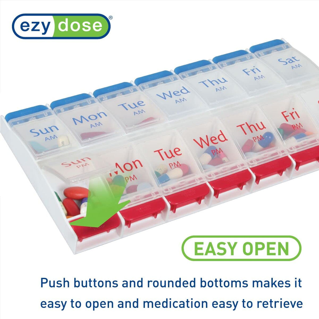 EZY DOSE Push Button (7-Day) Pill Case, Medicine Planner, Vitamin Organizer, 2 Times a Day, AM/PM Container, X-Large Compartments, Arthritis Friendly, Easy to Use, Transparent Lids, Black, BPA Free