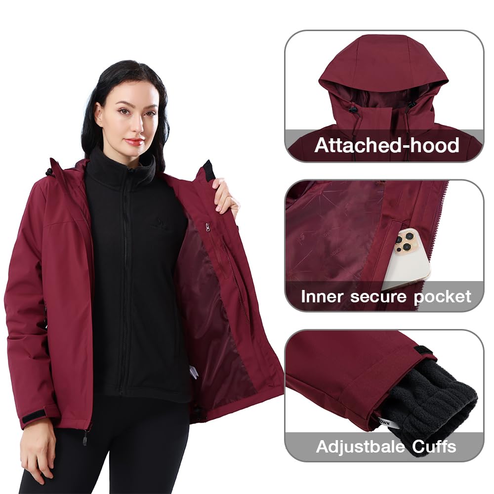 CAMEL CROWN Women's Ski Jacket Waterproof 3 in 1 Winter Coat with Fleece Inner Warm Windproof For Snow Outdoor Hiking
