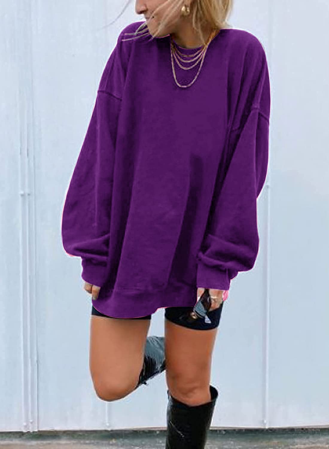 Ebifin Women's Oversized Long Sleeve Sweatshirts Pure Color Round Neck Casual Pullover Shirt