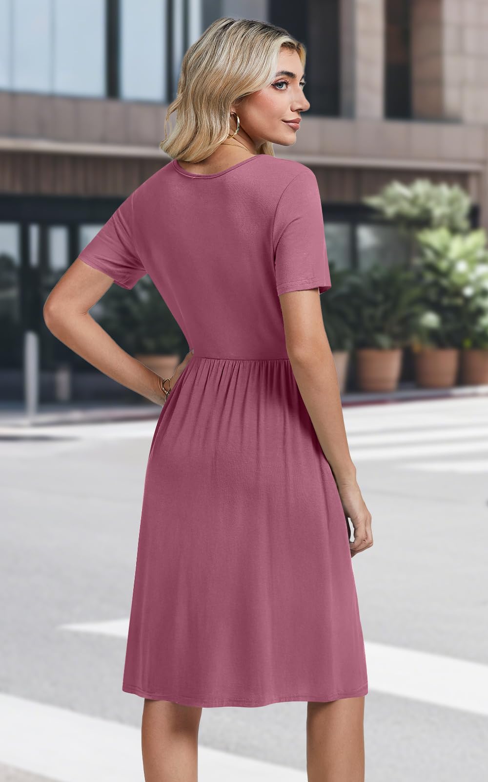 Womens Short Sleeve Empire Waist Dresses Casual Summer Dress with Pockets