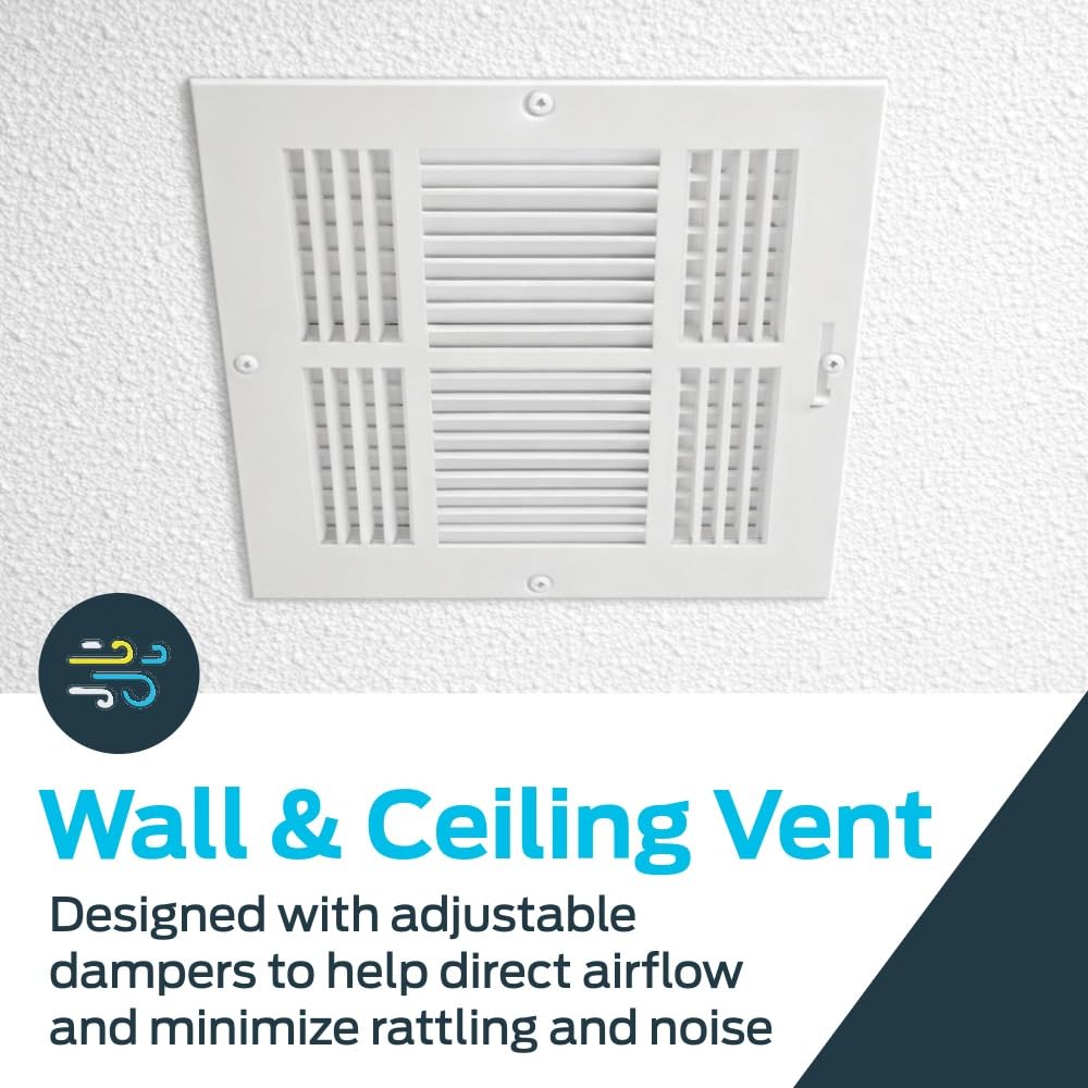 EZ-FLO 6 x 6 Inch (Duct Opening) Air Vent Cover for Wall or Ceiling, Four-Way Ventilation Register, Solid Steel HVAC Register Cover, White, 61617