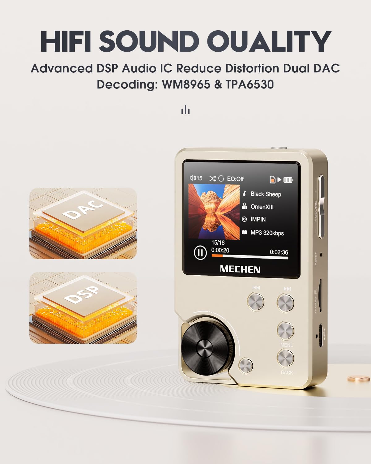 MECHEN M30 HiFi MP3 Player, Lossless DSD High Resolution Digital Audio Music Player, High-Res Portable Audio Player with 64GB Memory Card (Gold)