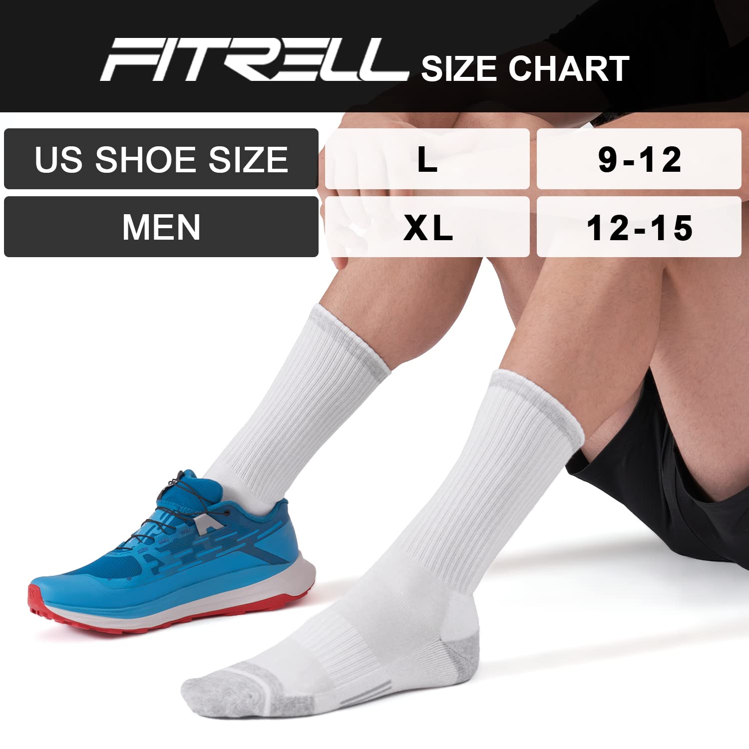 FITRELL 6 Pack Men's Athletic Moisture Wicking Crew Socks Cushioned Sport Running Work Boot Socks Size 9-12/12-15