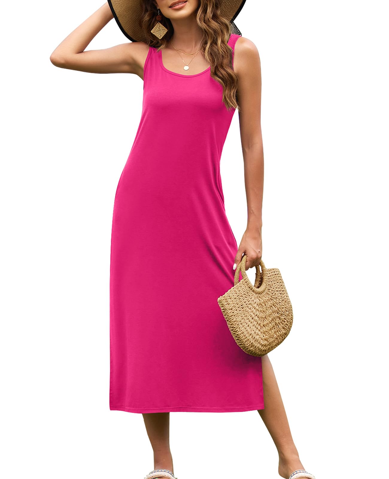 Naggoo Women's Sleevelee Tank Dress Midi Summer Casual Scoop Neck Basic Split Maxi Tshirt Sundresses with Pockets