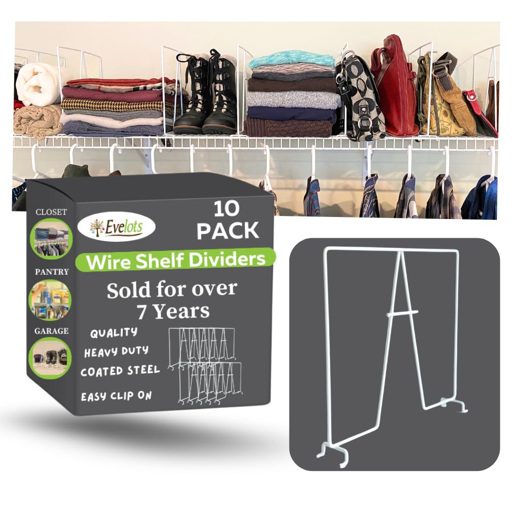 Evelots Wire Shelf Dividers - Extra Closet Organization and Storage for Home or Office -4 Pack- New Removable Hooks - Tall Shelf Separators - Easy to Clip -No Tool- Sturdy Coated Steel - 12 Inch Tall