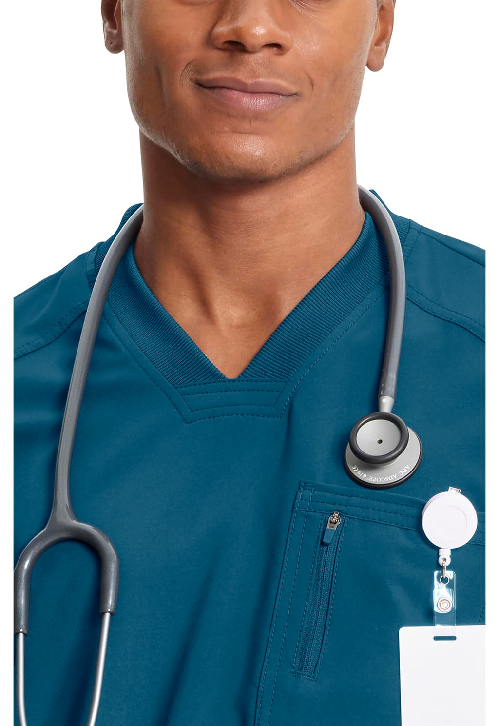 Cherokee Infinity Mens Tuckable V-Neck Scrub Top Modern Fit, 2 Pockets, Zip Chest Pocket, Rib-Knit, 360° Stretch – CK910A