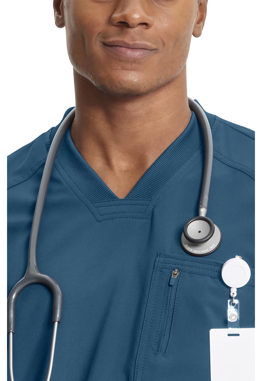 Cherokee Infinity Mens Tuckable V-Neck Scrub Top Modern Fit, 2 Pockets, Zip Chest Pocket, Rib-Knit, 360° Stretch – CK910A
