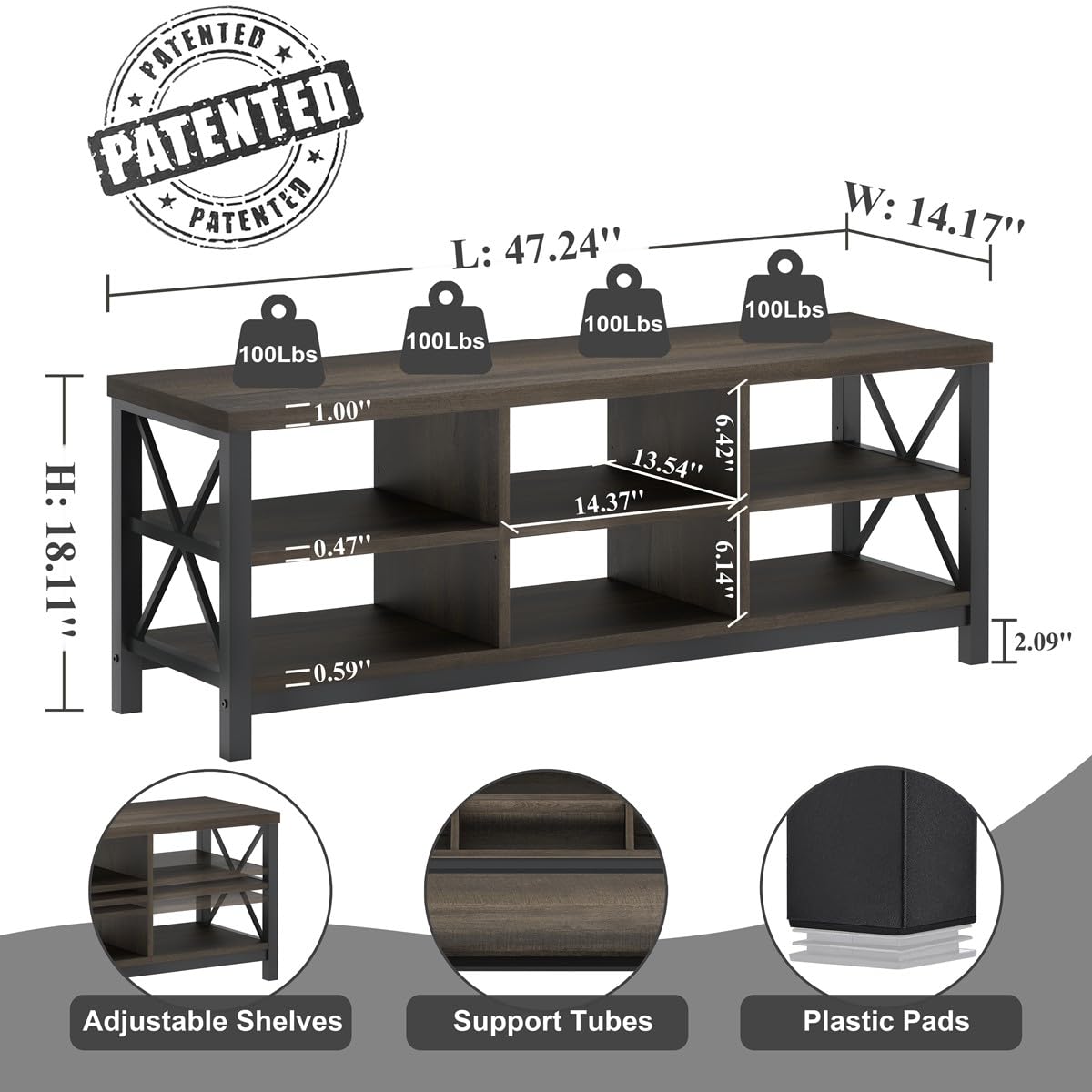 FATORRI Entryway Bench with Storage, 41 Inch Shoe Storage Bench, Industrial Wood Shoe Bench for Entry Way, Living Room, Bedroom and Mudroom (Black)