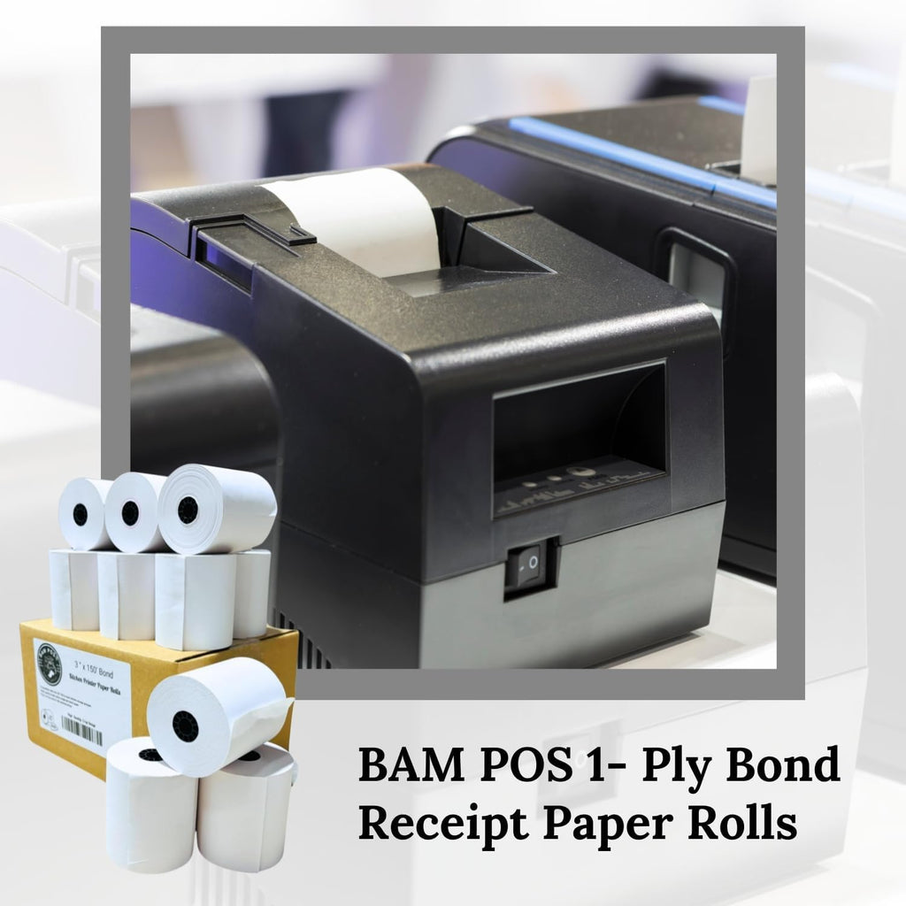 BAM POS 3" x 150' 1ply Bond (Non-Thermal) Receipt Paper Rolls for Kitchen Impact Printers TMU200, SRP275 Star SP700 - Suitable For Printing Kitchen Tickets and Order receipts (12 Rolls Per Case)