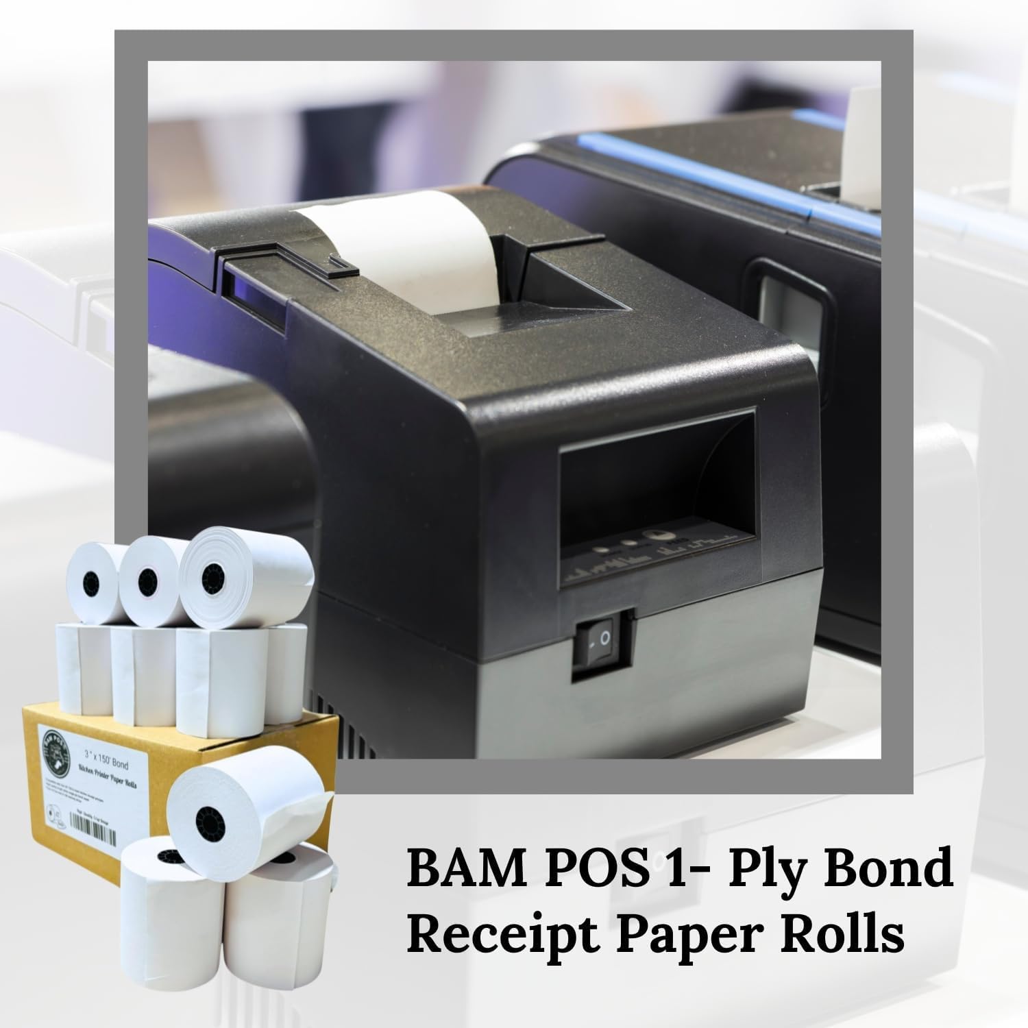 BAM POS 3" x 150' 1ply Bond (Non-Thermal) Receipt Paper Rolls for Kitchen Impact Printers TMU200, SRP275 Star SP700 - Suitable For Printing Kitchen Tickets and Order receipts (12 Rolls Per Case)