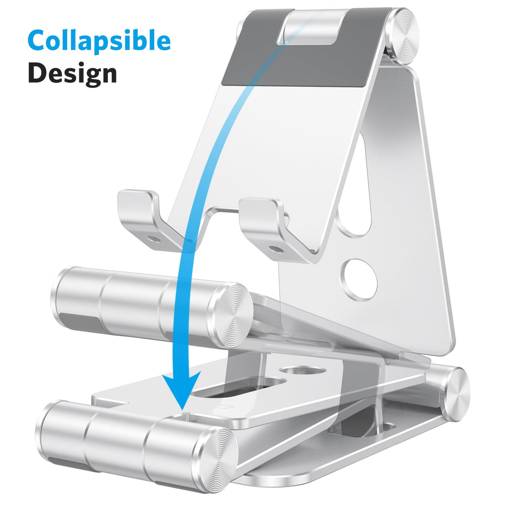 OMOTON Foldable Cell Phone Stand, C4 Portable Aluminum Phone Holder, Adjustable Phone Dock Cradle for iPhone 17/16/15 Pro Max Air, Small Tablets, All Smart Phones for Women Men Gift, Silver