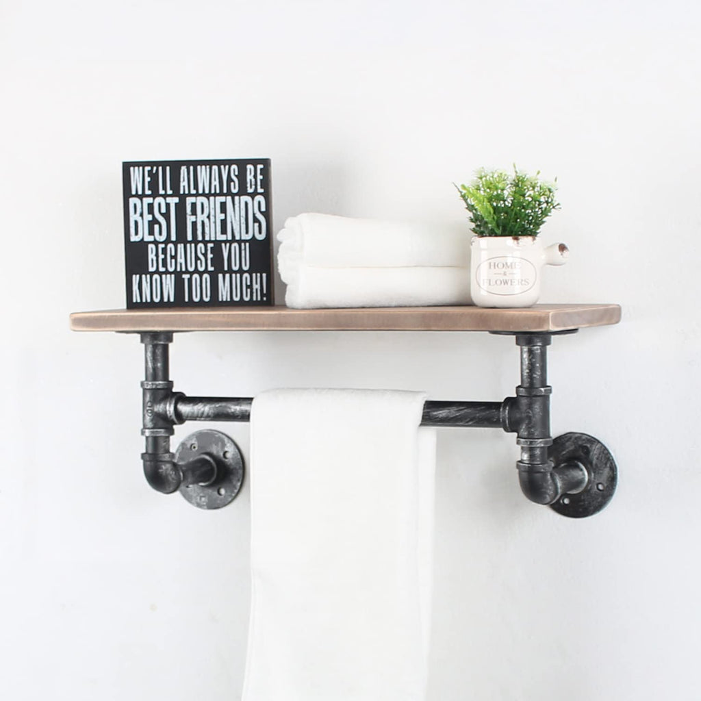 MBQQ Industrial Pipe Shelf Bathroom Shelves Wall Mounted,19.6in Rustic Wood Shelf with Towel Bar,1 Tier Farmhouse Towel Rack,Pipe Shelving Floating Shelves Towel Holder,Black & White
