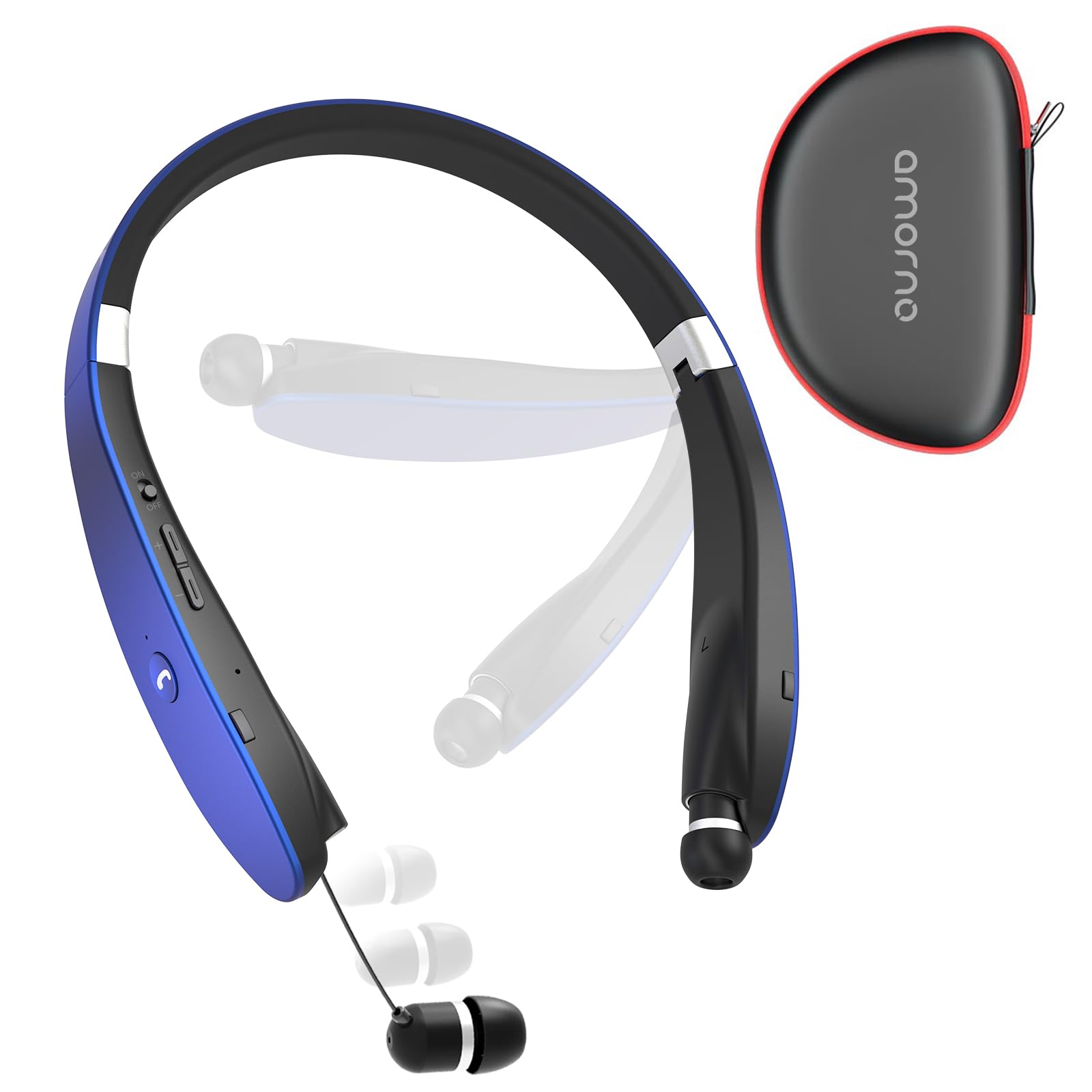AMORNO Foldable Bluetooth Headphones Wireless Neckband Headset with Retractable Earbuds, Sports Sweatproof Noise Cancelling Stereo Earphones with Mic