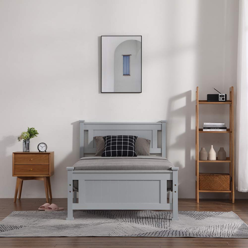 Bonnlo Twin Size Solid Wood Platform Bed Frame, Single Bed with Headboard, No Box Spring Needed Panel Bed, Wood Slat Support Mattress Foundation, White
