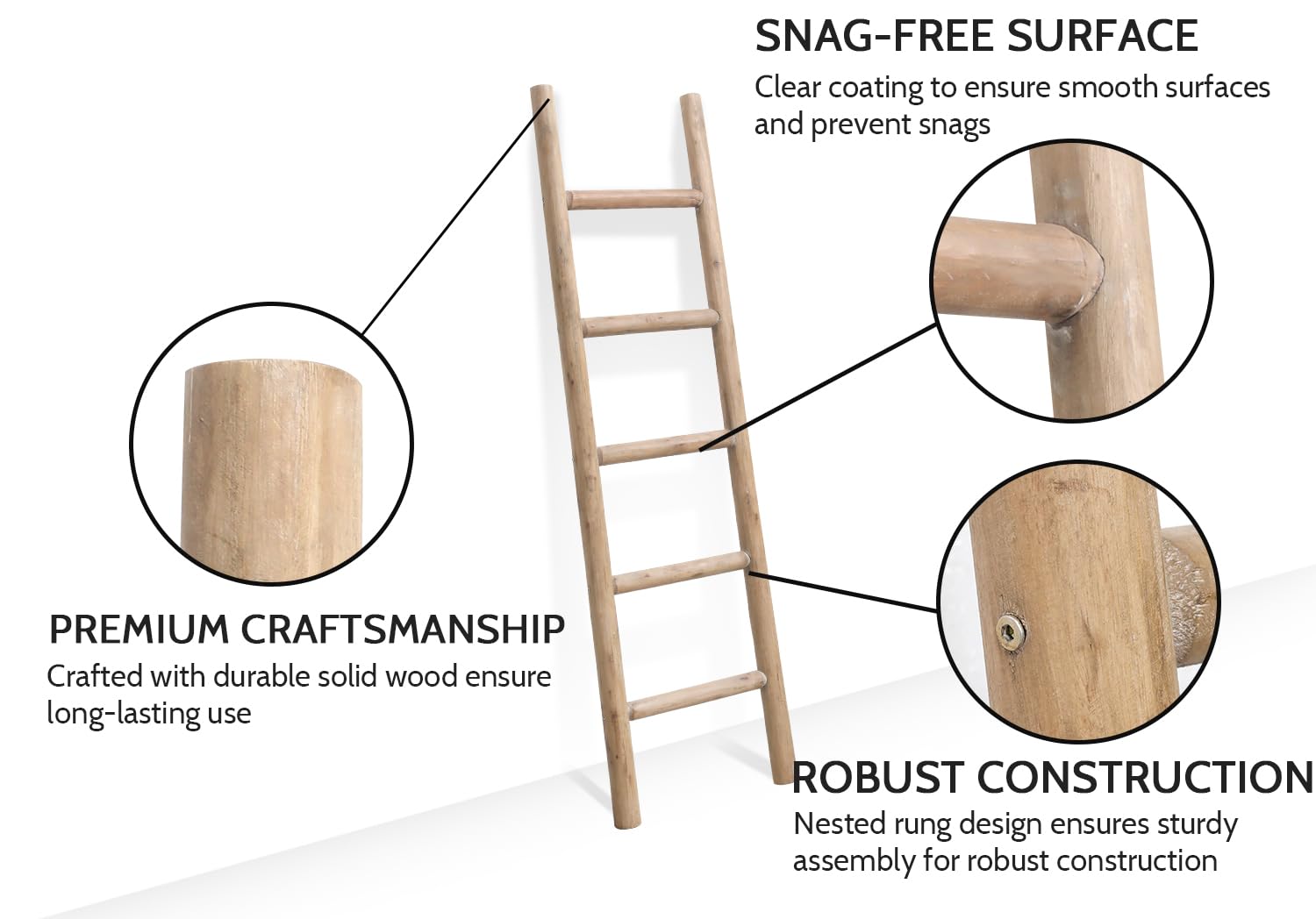 FUIN 57in Wood Blanket Ladder Living Room Decorative Wall Leaning Farmhouse Quilt Display Holder Rustic Wooden Towel Rack for Bathroom, Black