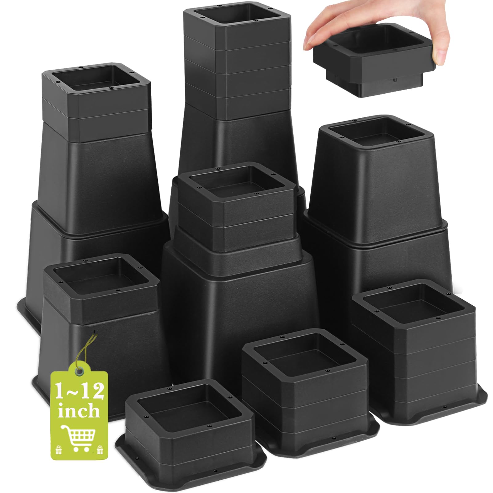 12 Pack Furniture Risers 1 Inch, Adjustable Bed Risers Heavy Duty for Table Desk Couch Chair Sofa Cabinet Bed Frame Dorm, Square Stackable Table Leg Risers Lift Height 1", 2" or 3", Black