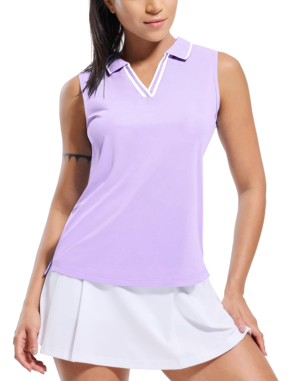 MIER Women's Sleeveless Golf Polo Shirts Dry Fit Collared Tank Tops V Neck Ribbed Athletic Tennis Shirt, Moisture Wicking
