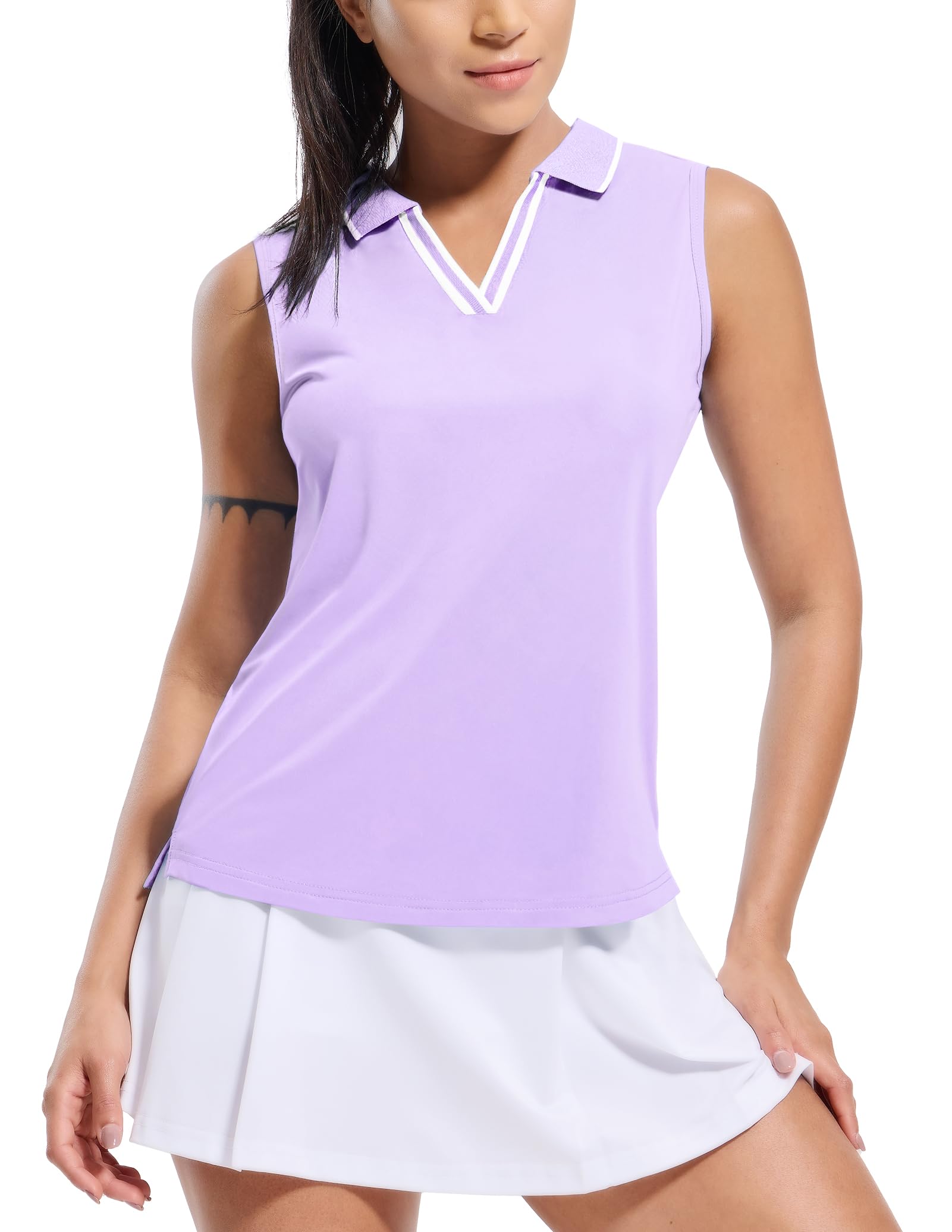 MIER Women's Sleeveless Golf Polo Shirts Dry Fit Collared Tank Tops V Neck Ribbed Athletic Tennis Shirt, Moisture Wicking