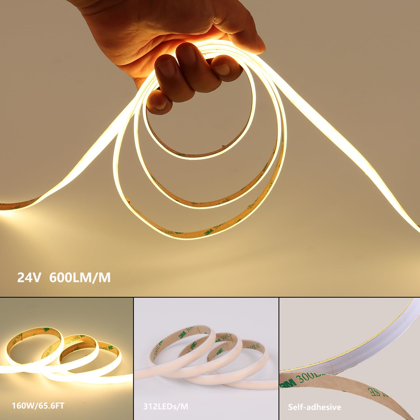 BENLUN 24V COB LED Strip Light 65.6ft (2 Rolls of 32.8ft) Kit, 3000K Warm White Cuttable 11W/M 312LEDs/M CRI 93 LED Tape Lights with Power Supply for Bedroom Kitchen Living Room Ceiling