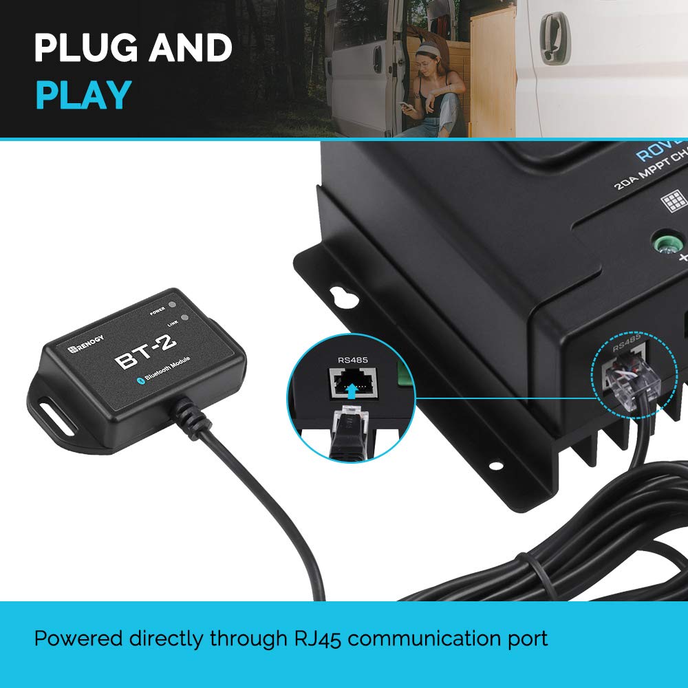 Renogy BT-1 Bluetooth Module for PWM Charge Controllers (Wanderer/Adventurer) – RJ12 RS232 Port, Wireless Monitor via DC Home App,IP54