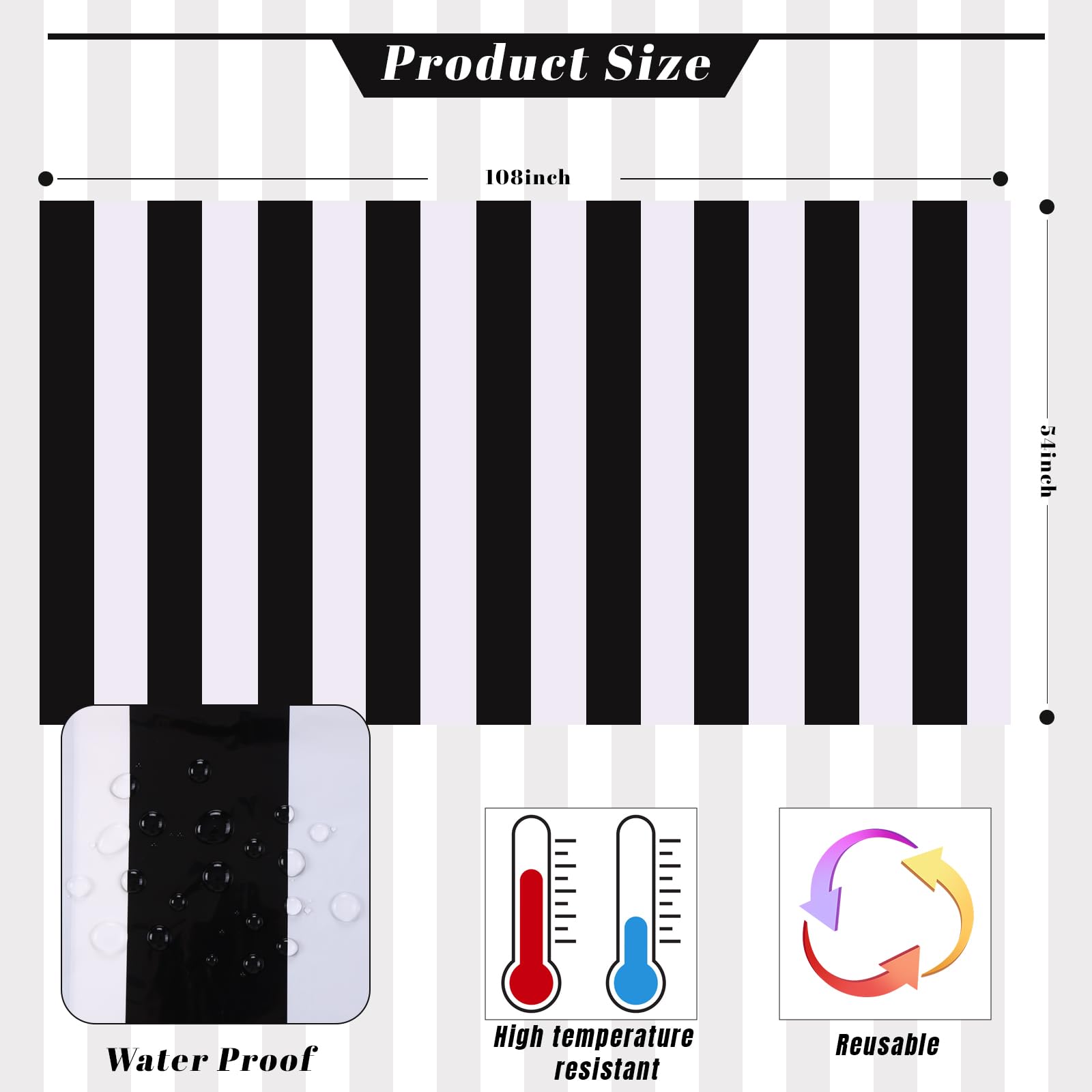 Kesfey 3 Packs Black and White Horizontal Striped Table Cloth 54 x 108 Inch Classic Black Stripe Tablecloths Disposable Plastic Stripe Table Covers Waterproof Picnic Tablecover for Halloween Party