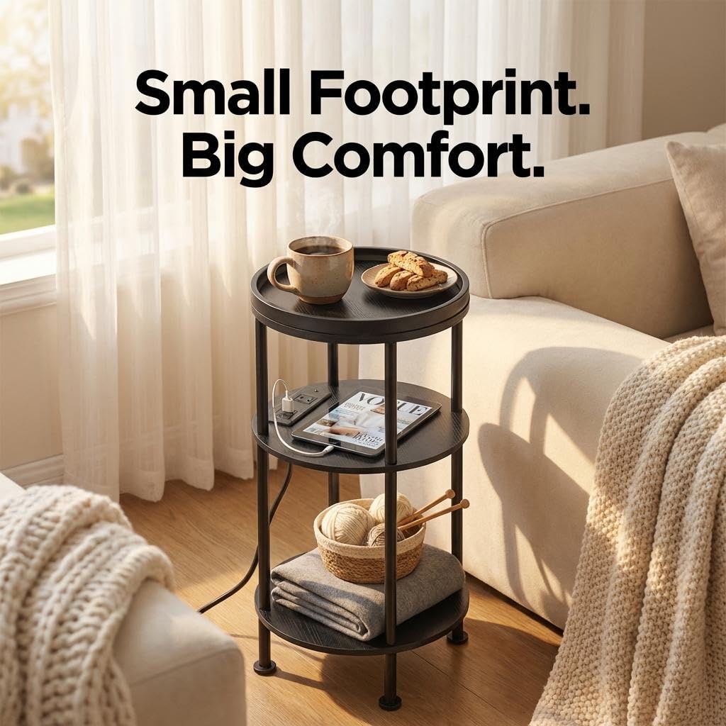 Small Round Side Table with Charging Station for Small Spaces, 3-Tier Accent Table with USB Ports & Power Outlets, Sofa Corner Tea Table for Living Room Nightstand Bedroom Apartment (Black)