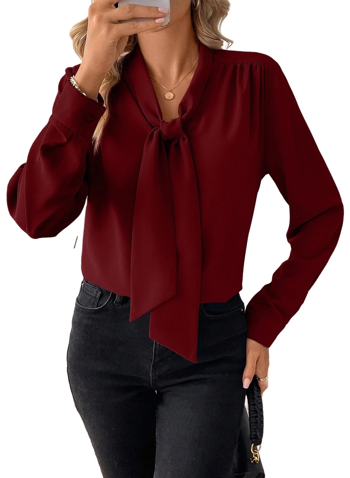 Astylish Women's Bow Tie Neck Tops 2026 Long Sleeve Dressy Loose Casual Elegant Business Work Blouses Shirts