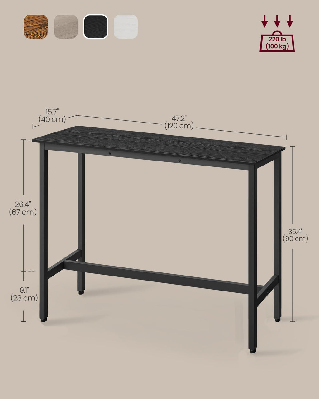 VASAGLE Bar Table, Kitchen Dining Table, High Top Pub Table, Bar Height Cocktail Table for Living Room Party, Sturdy Metal, 15.7 x 39.4 x 35.4 Inches for Narrow Spaces, Ebony Black and Ink Black