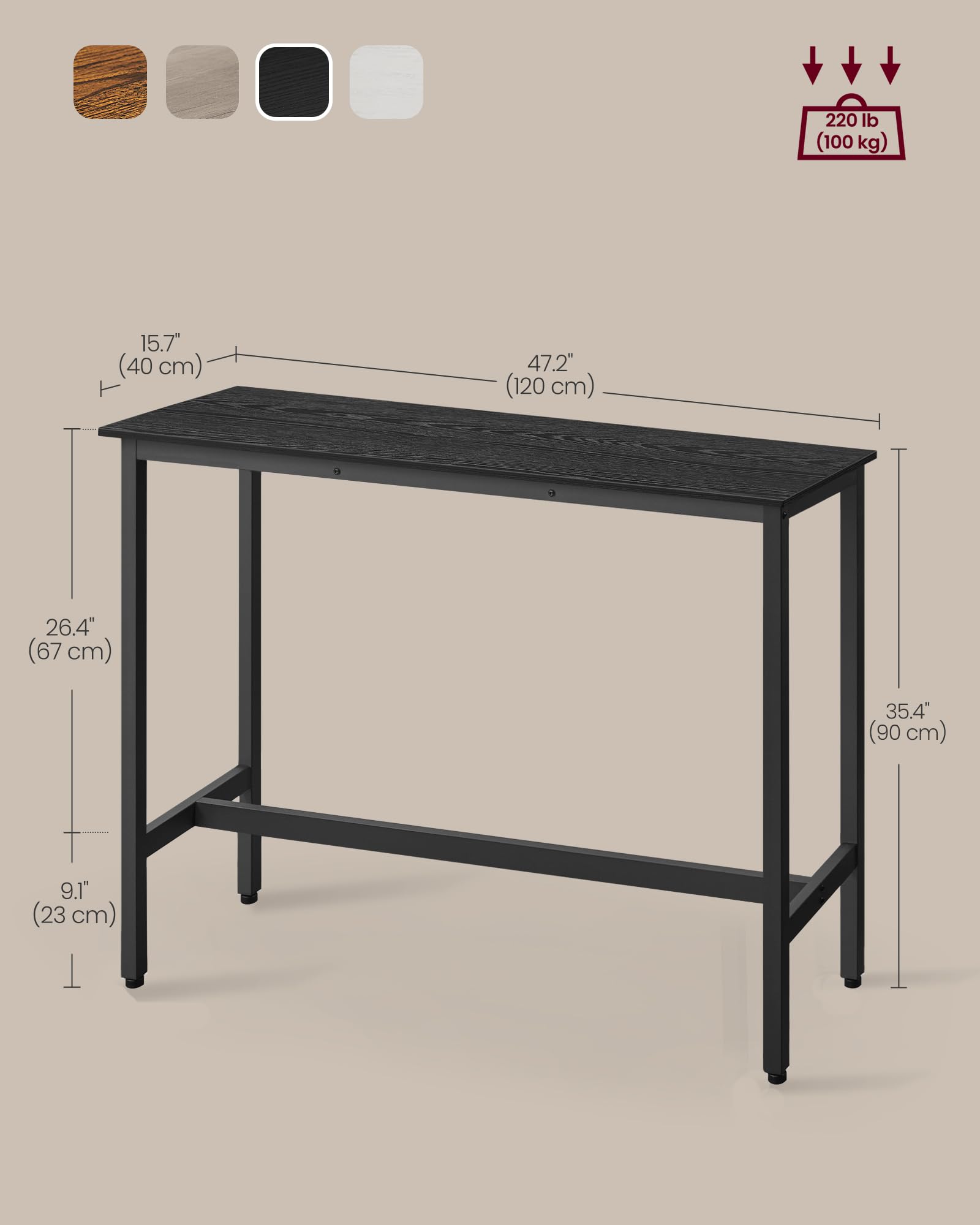 VASAGLE Bar Table, Kitchen Dining Table, High Top Pub Table, Bar Height Cocktail Table for Living Room Party, Sturdy Metal, 15.7 x 39.4 x 35.4 Inches for Narrow Spaces, Ebony Black and Ink Black