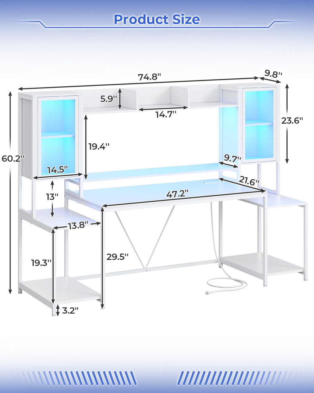 SEDETA Gaming Desk 74.8'' with LED Lights, Hutch and Storage Shelves, Computer Desk with Monitor Stand, Large PC Gamer Desk Workstation, Ergonomic Gaming Table for Bedroom, Living Room, Black
