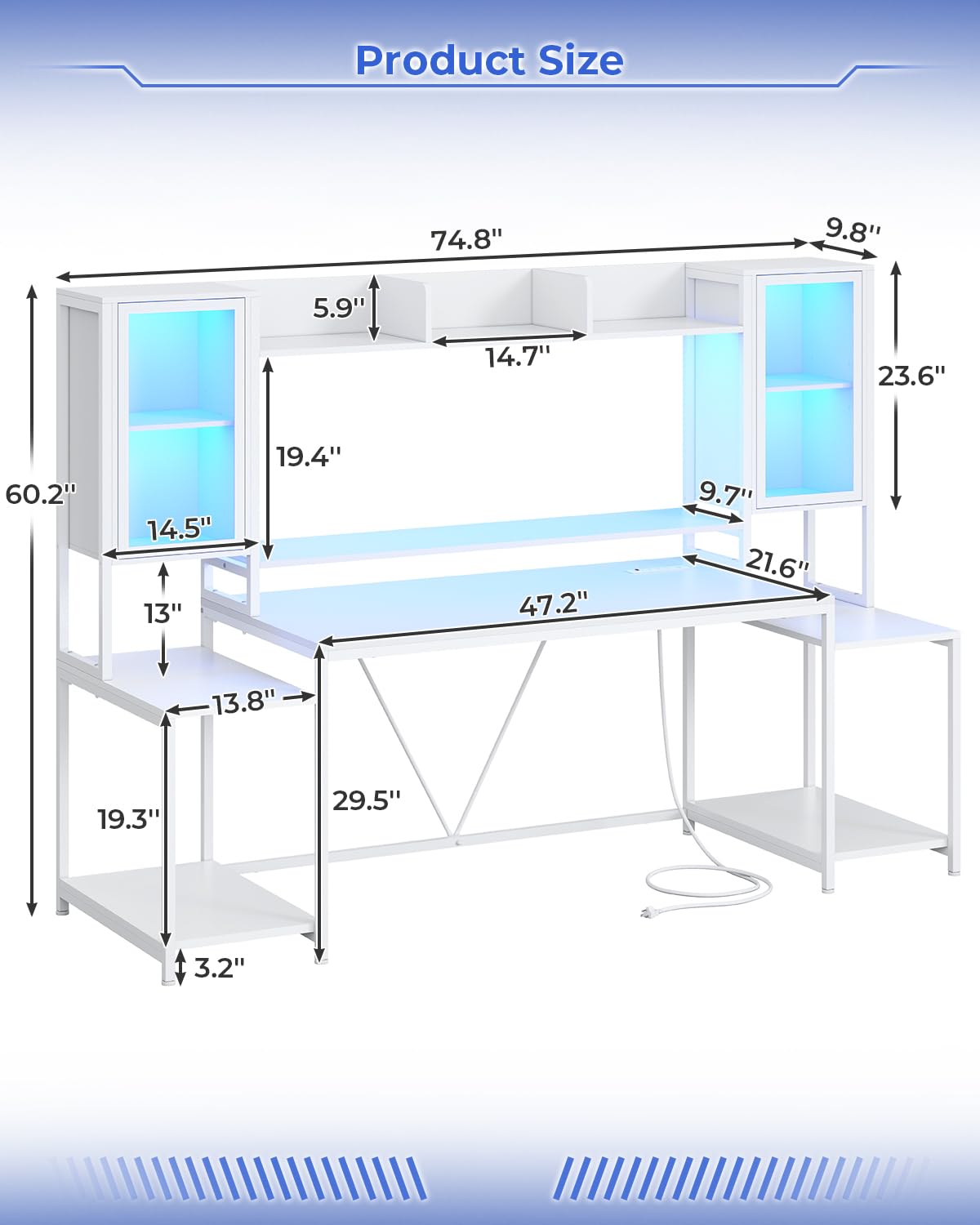SEDETA Gaming Desk 74.8'' with LED Lights, Hutch and Storage Shelves, Computer Desk with Monitor Stand, Large PC Gamer Desk Workstation, Ergonomic Gaming Table for Bedroom, Living Room, Black