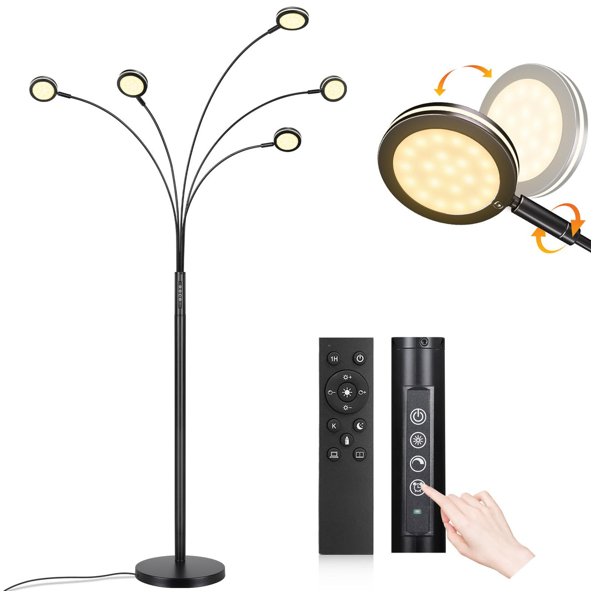 LED Arc Floor Lamp with Remote, 2250LM Dimmable Gold Floor Lamp with Timer, Adjustable Colors, Brightness & 5 Adjustable Arms, Multi-Head Tall Tree Standing Lamp for Living Room Bedroom Corner Office
