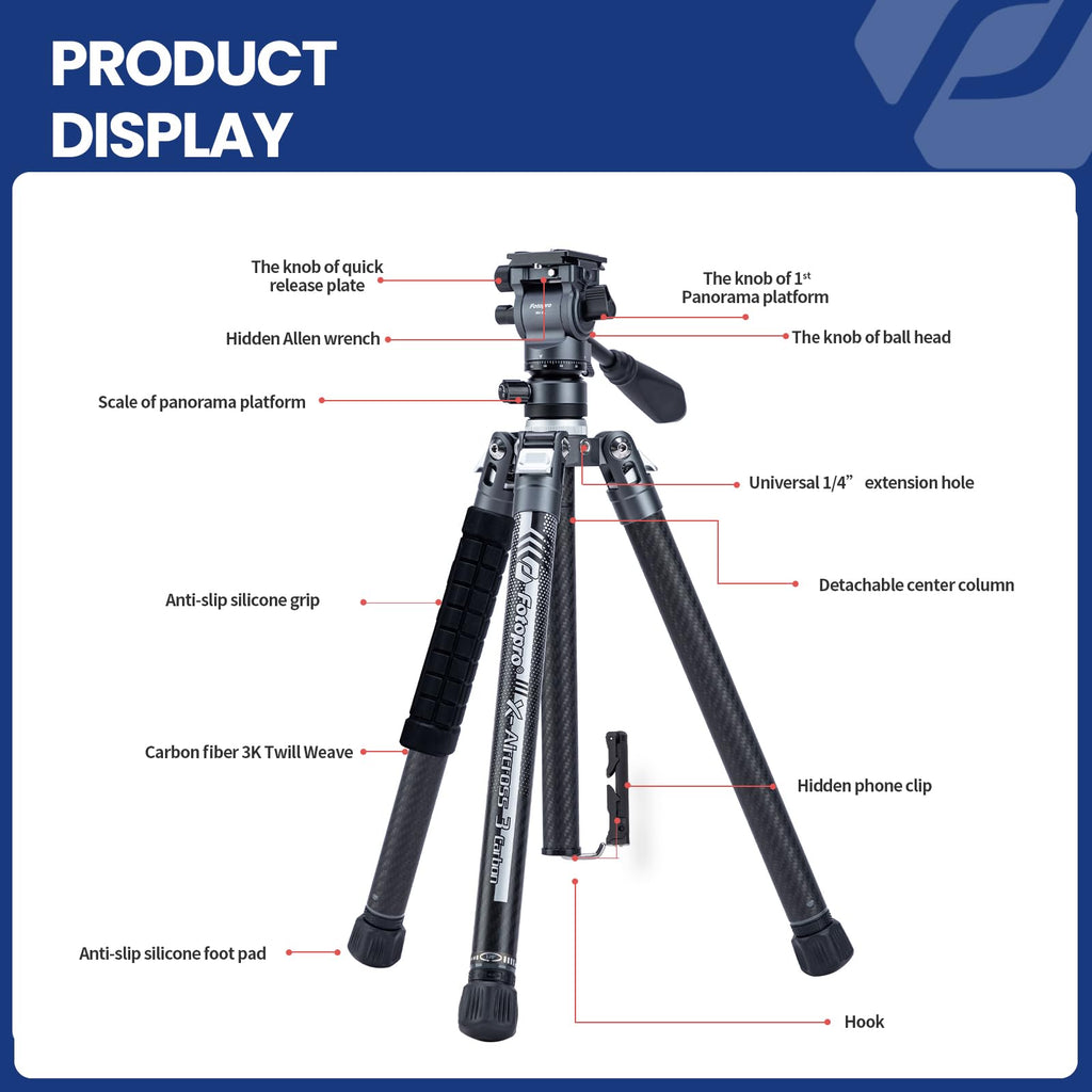 Fotopro 60" Camera Tripod, Carbon Fiber Travel Tripod with 360° Ball Head, Ultralight 2.1lbs, 22lbs Load, Quick Lock, Folds to 14.3" Carry-On, for DSLR Mirrorless Cameras, X-Aircross 3 Blue