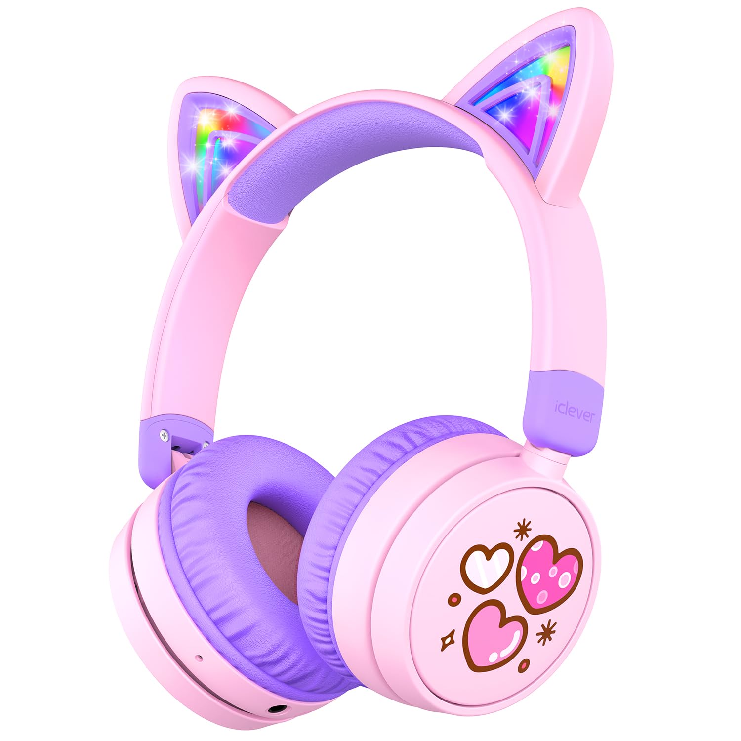 iClever Cat Ear Kids Bluetooth Headphones, LED Lights Up, 74/85dBA Safe Volume Limited, 50H Playtime,Bluetooth 5.2, USB C,Kids Headphones Wireless Over Ear for Travel iPad Tablet, Meow Macaron-Purple