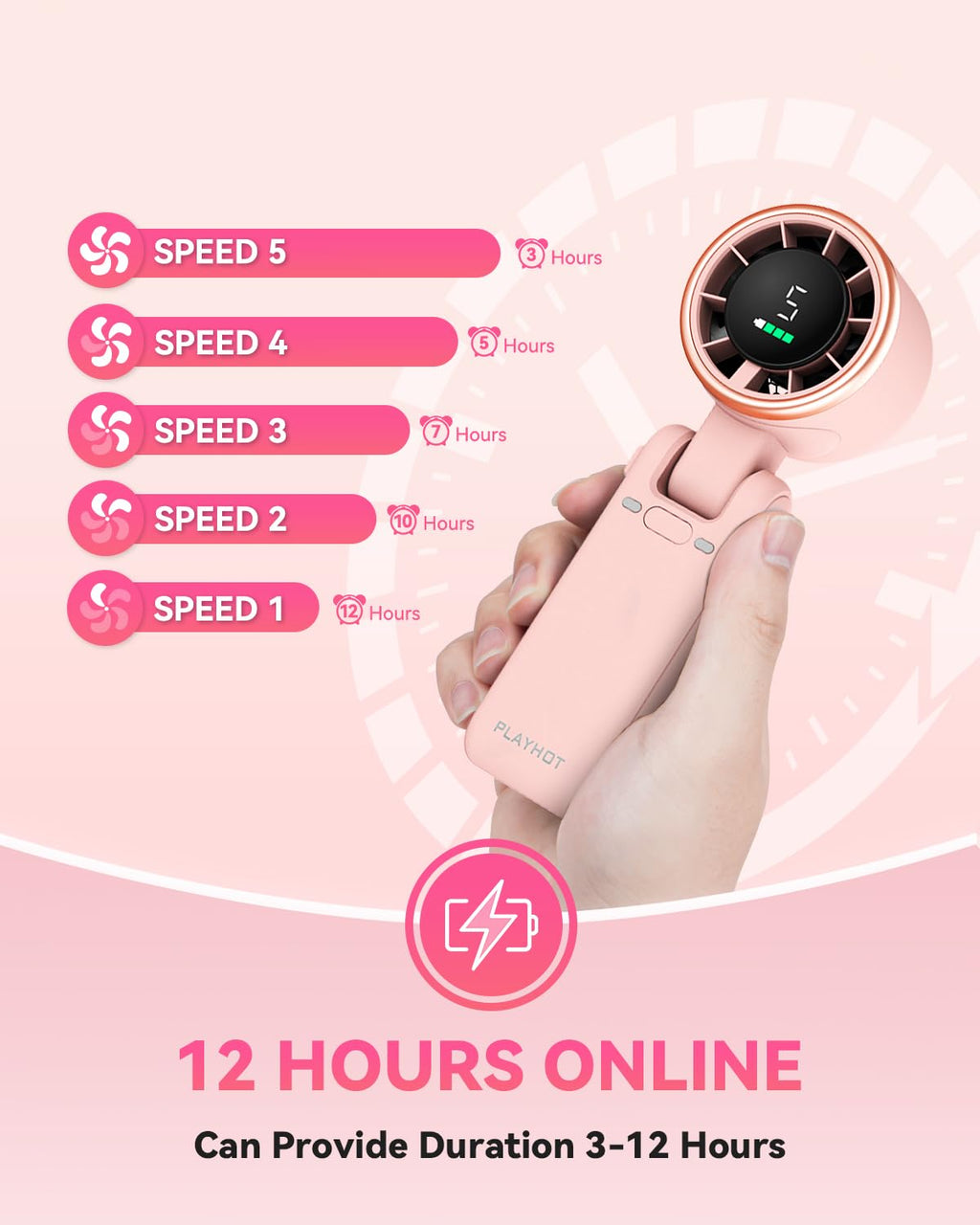 PlayHot Portable Handheld Turbo Fan, 5 Gear Wind, USB-C Rechargeable Fan, Up to 12 Working Hours, 3 IN 1 Hand Fans with Air Turbo Tech Cooling Fan for Outdoor Activities, Travel, Beach (Black)